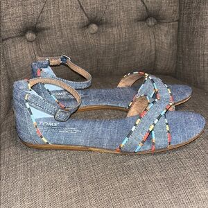 TOMS Denim Blue Ankle-Strap Flats sandals with Multicolor Stitching women's 6.5